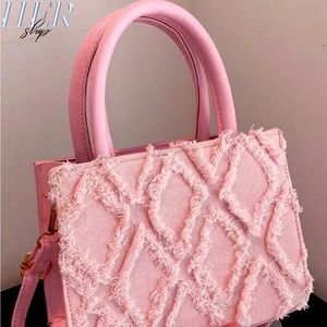 Pink Purse Fashionable Denim Fringed Mini Square Bag With Adjustable Strap
